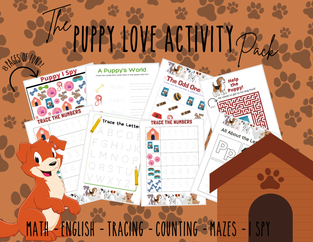 National Puppy Day Fun Free Printable Worksheets article cover image with a cute puppy and a dog house
