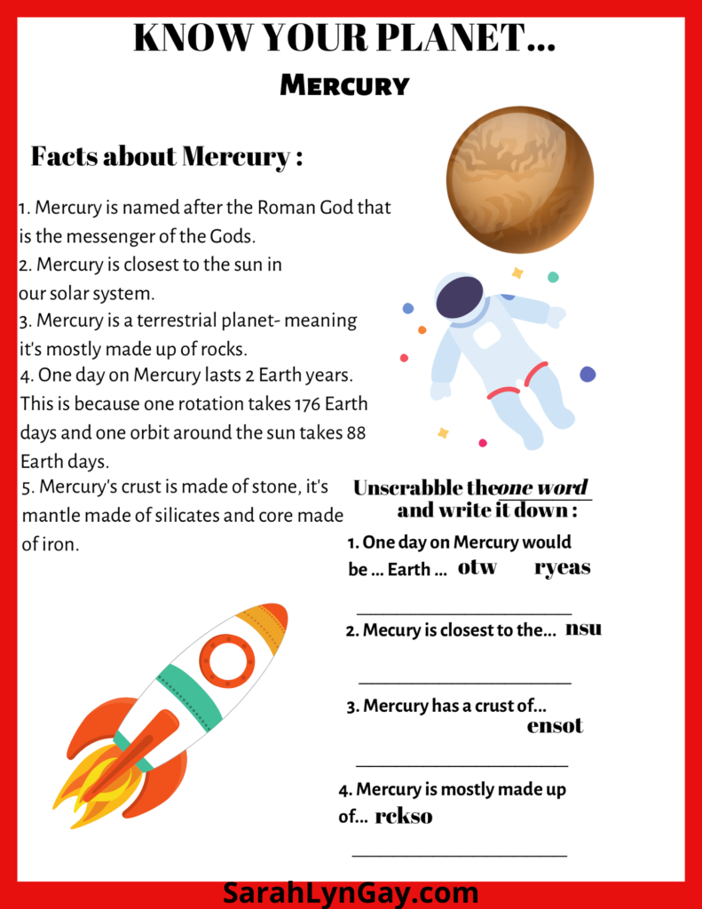 Know Your Planet Mercury article featured image of the actual free printable worksheet